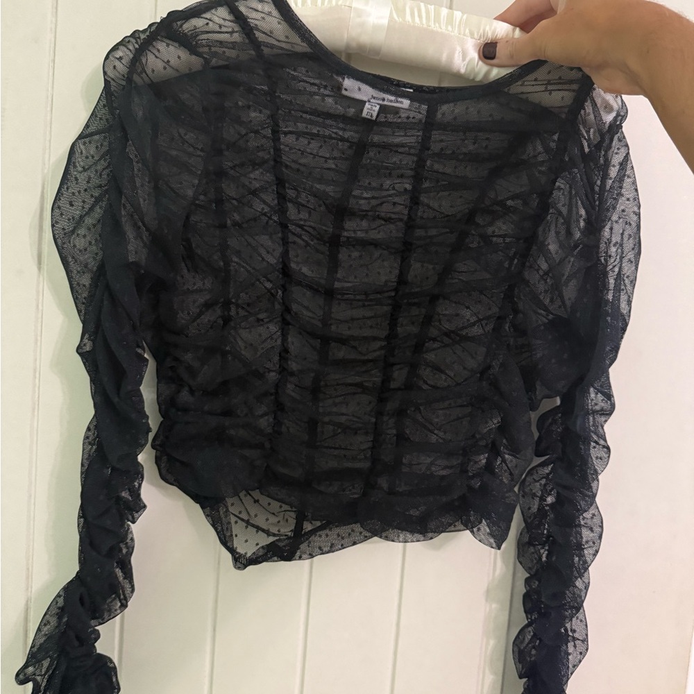 June & Hudson Black Sheer Ruched Blouse